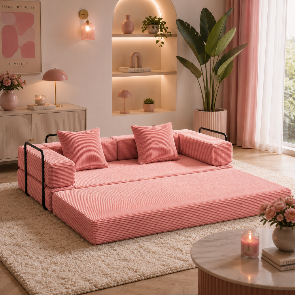 Canapé Roséa™ | Velours Côtelé & Rose Poudré
